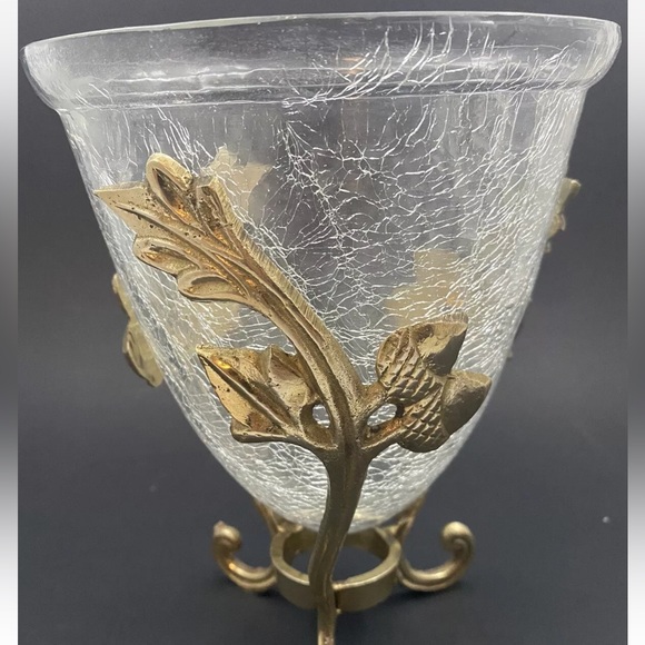 NWT Vintage Brass 1940s Vase Stand With Crackle Crystal Vase 6.75” Tall - Picture 2 of 6